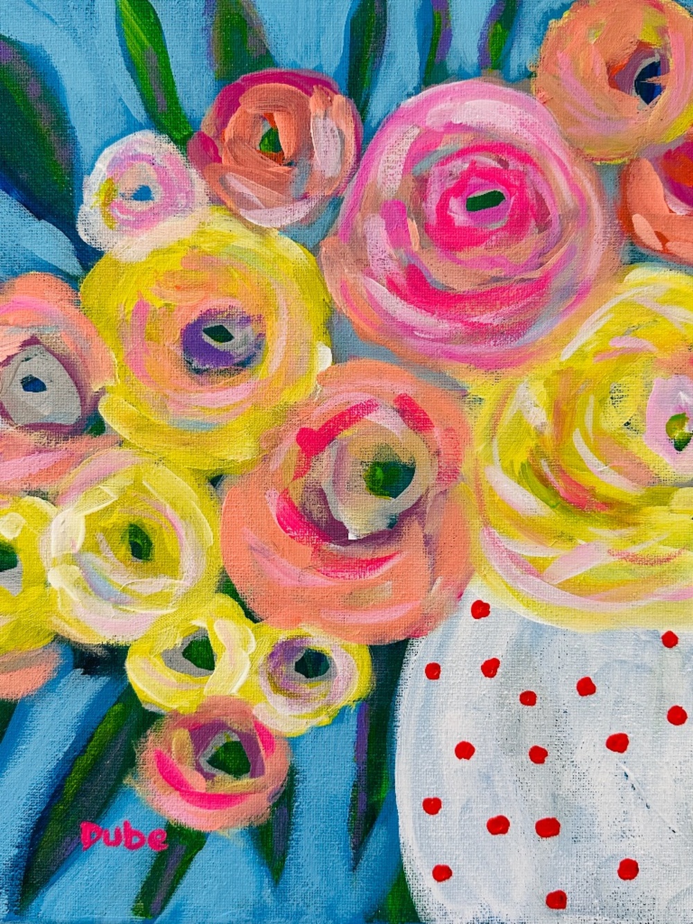 Abstract Peony Bouquet, Original Floral Painting, Polka Dot Vase 12x12" Canvas